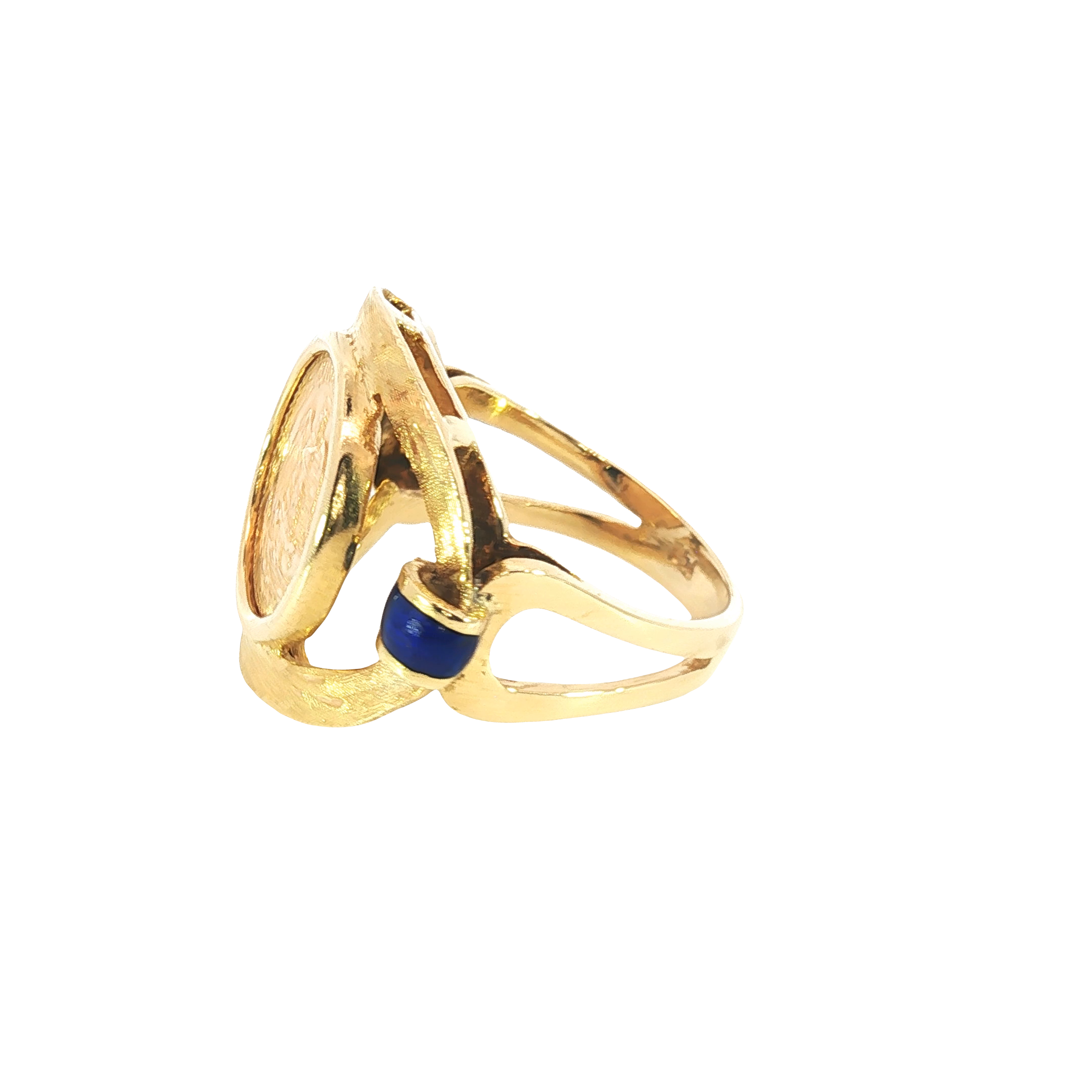 18K Yellow Gold Coin Ring with Blue Enamel Accents