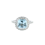 14K White Gold Aquamarine Diamond Halo Ring