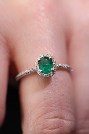 Emerald with Diamond Halo & Band Ring