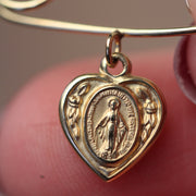 14K Yellow Gold Baby Pin with Heart Pendant of Mother Mary