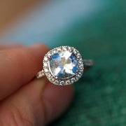 14K White Gold Aquamarine Diamond Halo Ring