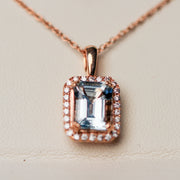 14K Rose Gold Aquamarine & Diamond Halo Pendant