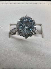 14K White Gold Round Diamond Halo Aquamarine Ring