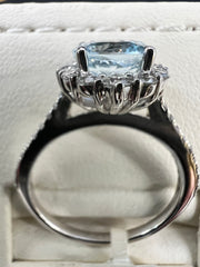 14K White Gold Round Diamond Halo Aquamarine Ring