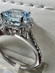 14K White Gold Round Diamond Halo Aquamarine Ring