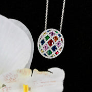 Multicolor Lattice Pattern Gemstone & Diamond Pendant Necklace