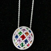 Multicolor Lattice Pattern Gemstone & Diamond Pendant Necklace