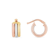 14K Tri-Color Gold Trilogy Huggie Hoop Earrings