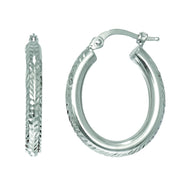 14K White Gold Hinged Oval Diamond Cut Hoop Earrings