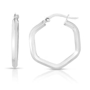 14K White Gold Hexagon Hoop Earrings