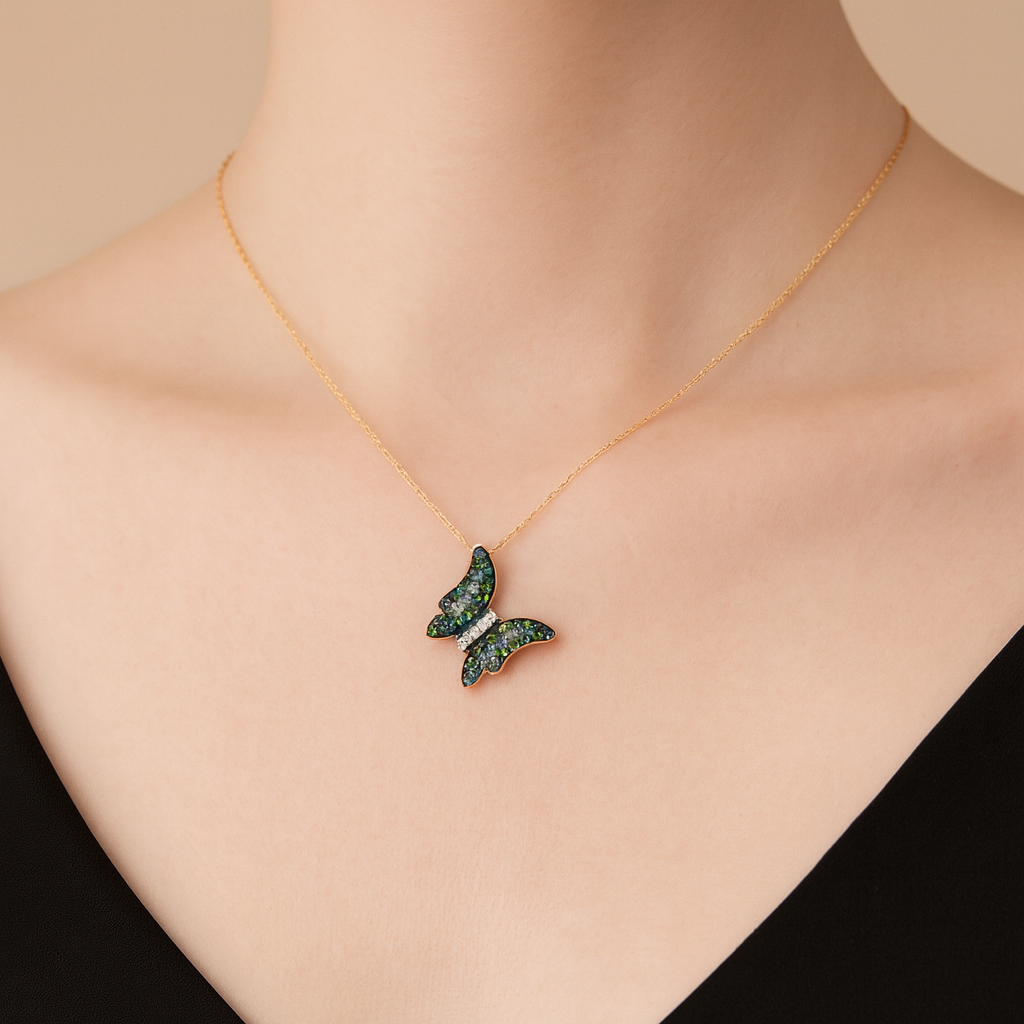 Garnet & Diamond Butterfly Pendant in 14K White Gold