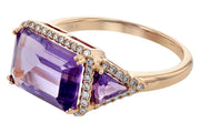 14K Rose Gold Three Stone Amethyst & Diamond Halo Ring