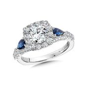 14K White Gold Cushion-Shaped Halo Diamond And Sapphire Engagement Ring