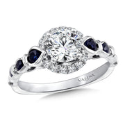 14K White Gold Sculptured Diamond And Blue Sapphire Halo Engagement Ring