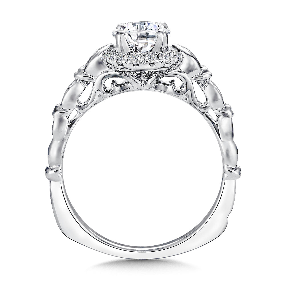 14K White Gold Sculptured Diamond Halo Engagement Ring