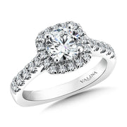 14K White Gold Cushion Shape Halo And Diamond Band Engagement Ring