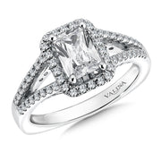 14K White Gold Emerald Cut Split Shank Halo Engagement Ring