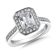 14K White Gold Halo Style Emerald Cut Engagement Ring