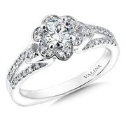 14K White Gold Floral Split Shank Halo Diamond Engagement Ring