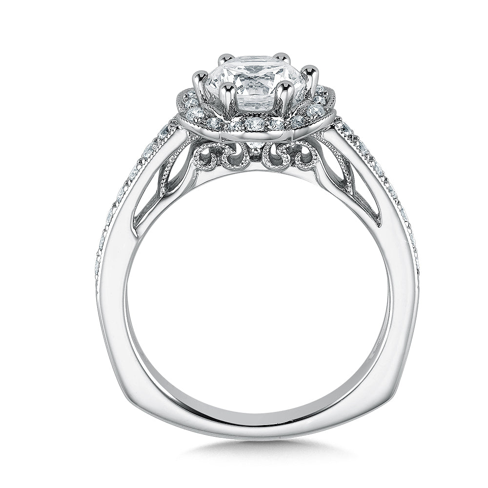 14K White Gold Floral Milgrain Diamond Halo Engagement Ring