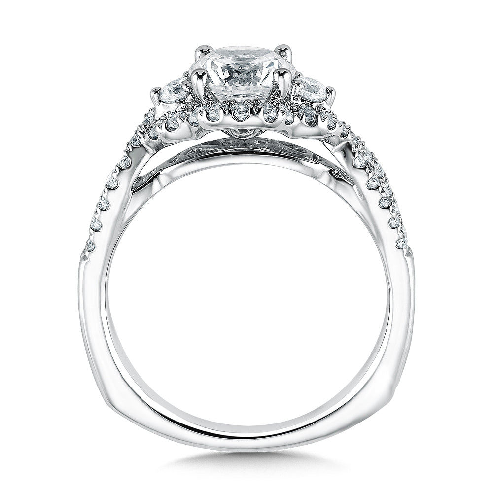 14K White Gold Three Stone Crossover Halo Diamond Engagement Ring