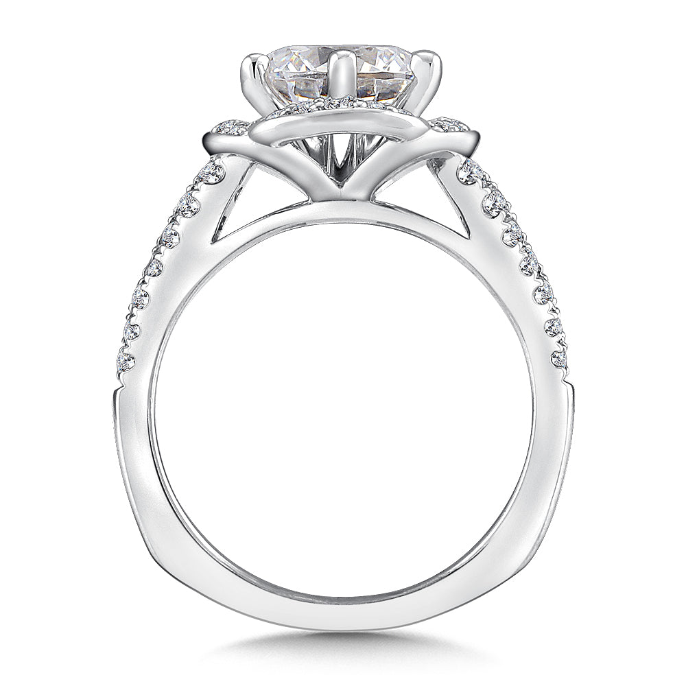 14K White Gold Round Halo Split Shank Engagement Ring