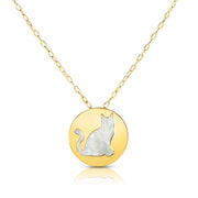 14K Yellow Gold Cat Mother of Pearl Necklace