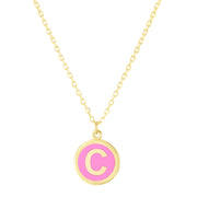 14K Yellow Gold Pink Enamel C Initial Necklace