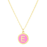 14K Yellow Gold Pink Enamel E Initial Necklace