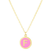 14K Yellow Gold Pink Enamel F Initial Necklace