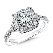 14K White Gold Square Floral Diamond Accent Halo Engagement Ring