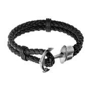 Double Black Braided Leather with Steel Anchor Clasp Bracelet