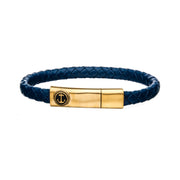 Blue Leather with Anchor in Brushed Gold Plated Clasp Bar Bracelet