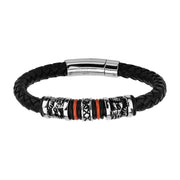 Black Leather with Red Orange Steel Bracelet