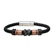 Black Braided Leather with Rose Gold & Black Plated Beads Bracelet