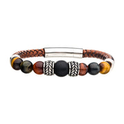 Brown Genuine Leather & Steel, Tiger Eye & Black Onyx Bead Bracelet