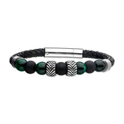 Black Genuine Leather with Steel & Tiger Eye Beads Hybrid Blue Malachite Bracelet