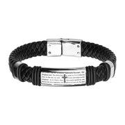 Black Braided Leather with Lord's Prayer ID Steel Bracelet