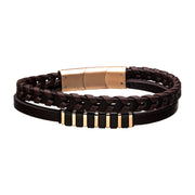 Brown Leather with Black & Rose Gold Bar Bracelet