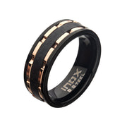 Rose Gold IP & Black IP Lines & Carbon Fiber Hammered Ring