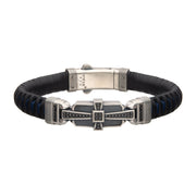 Genuine Sterling Silver with Black & Blue Leather & 40pc Black CZ Bracelet